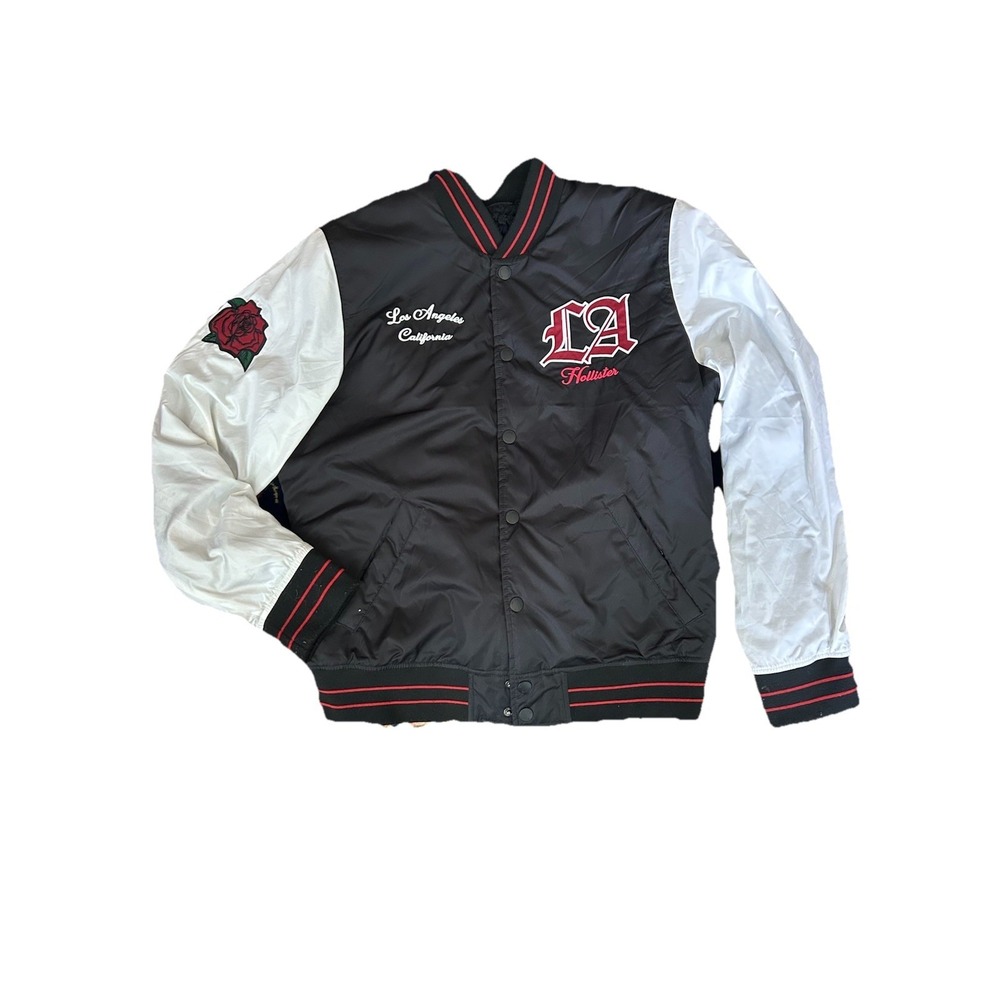 Hollister California LA Varsity Jacket Men's Size L Black White Rose Embroidered